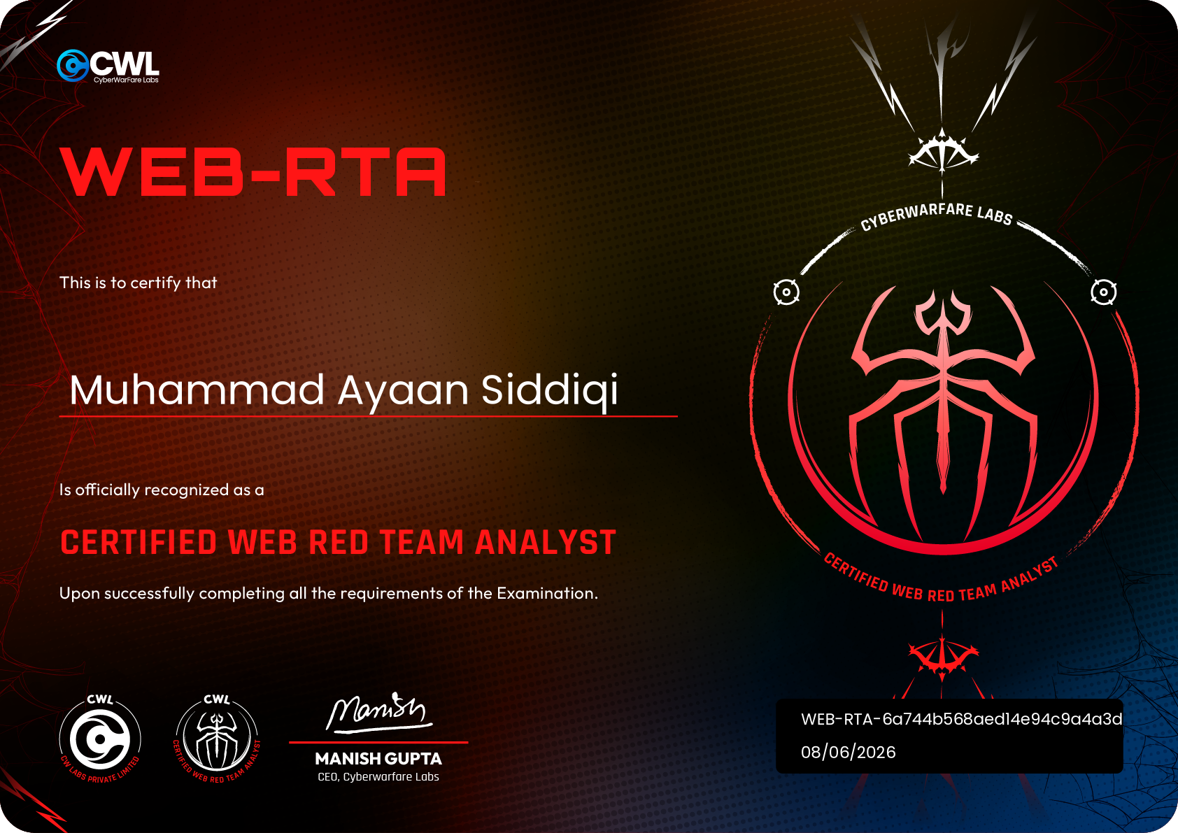 Certified Web Red Team Analyst certificate issued to Muhammad Ayaan Siddiqi by CyberWarfare Labs.